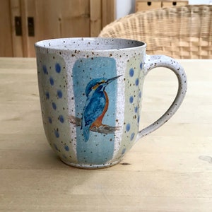 Ceramic mug turquoise blue/green with kingfisher, pottery, approx. 1/4l