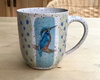 Ceramic mug turquoise blue/green with kingfisher, pottery, approx. 1/4l