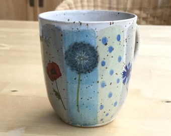 Ceramic mug, coffee cup, tea cup with dandelions, cornflowers and poppies