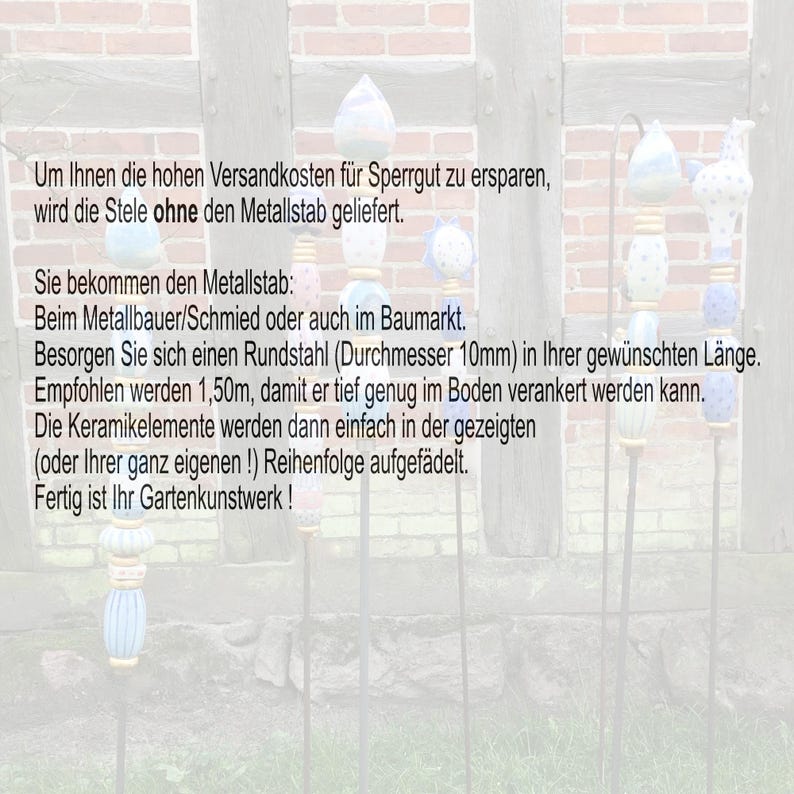 May include: Garden art featuring ceramic elements in various shapes and colors, strung on metal rods. The text on the image says the metal rod is not included. The ceramic elements are designed to be strung on a metal rod of your choice.