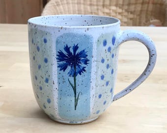 Ceramic cup with cornflowers, pottery, handmade
