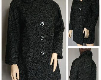 Men's Real Persian Lamb Coat, Men's Original Vintage 1960s Mod Style Coat, Men's Black Persian Lamb Fur Coat, Size Small, Slim Fit