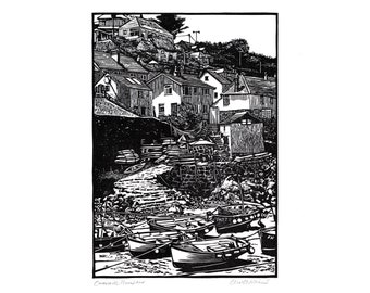 Coverack Harbour Linocut Print. Original Black and White Handmade Print. Linoprint.