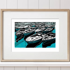 Mevagissey Aqua. A4-kunstafdruk van originele linoprint. Haven van Cornwall. Haven van Cornwall.