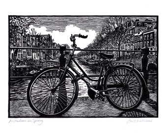 Linocut Print. Amsterdam in Spring. Original Handmade Linocut Print. Original Print. Linoprint. Amsterdam bicycle.