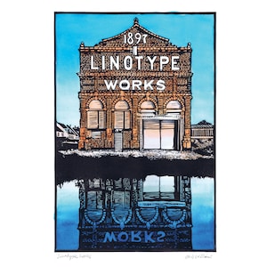 Linoldruck. Handgemalter Linoldruck. Kultiges Altrincham-Gebäude, Druckindustrie von Manchester