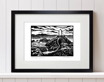 Llanddwyn Lighthouse. A4 Art Print from Original Linoprint. Morfa Nefyn. Twr Mawr, Anglesey.