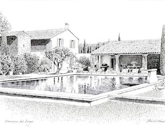 Sketch drawing. Favourite place drawing Holiday drawing. Pen and ink sketch. Anniversary Gift. House sketch Black white sketch