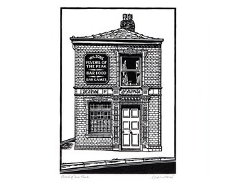 Peveril Of The Peak. Impressão original em linóleo. 35,5 cm x 28,7 cm. Famoso bar irlandês de Manchester.