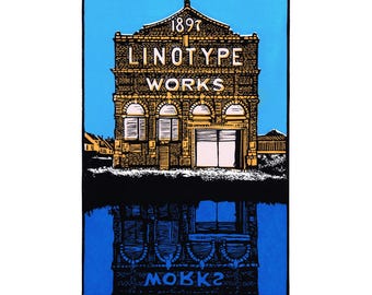 Impresión artística A4 de Linotype Works a partir de serigrafía. Lugar emblemático de Manchester. Altrincham.