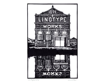 Linotype Works. Impressão original em linóleo preto. Icônico edifício Altrincham, indústria gráfica de Manchester.