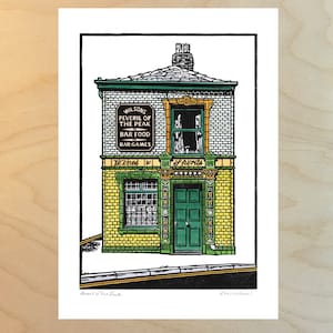 Peveril Of The Peak. A5 Art Print from original handpainted Linocut Print, Irish Bar, Manchester.