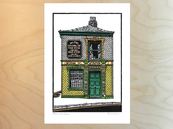 Peveril Of The Peak. A5 Art Print from original handpainted Linocut Print, Irish Bar, Manchester.