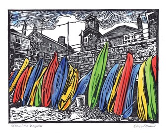 Aquarell Gemalter Linoldruck. Mausloch Kajaks. Cornwall. Mousehole. Original Handgemachter Linolschnitt.