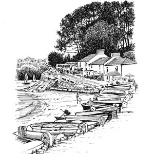 Puede incluir: Un dibujo en tinta negra y blanca de una escena de la costa con una fila de barcos atracados a lo largo de un muro de piedra. Un peque&ntilde;o edificio con un techo blanco es visible en el fondo. El dibujo est&aacute; firmado "Chris Williams" y titulado "Helford Passage".