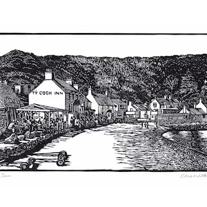 Tŷ Coch Inn. Original Linocut Print in Black. Porthdinllaen, Morfa Nefyn, LLŷn Peninsula. Wales