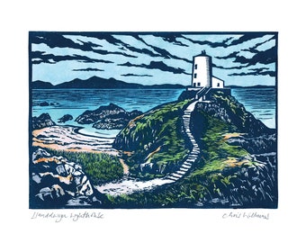 Faro de Llanddwyn. Impresión de arte A4 de la impresión original de Linograbado azul. Anglesey Gales, Tŵr Mawr,
