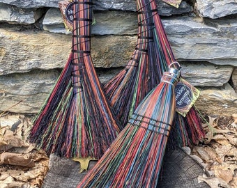 Black Rainbow Whisk Brooms: Turkey Wing, Hawktail or Traditional styles, Cottagecore, Witchcore Housewarming gift, altar besom, hearth decor