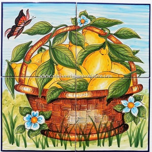 Hand painted Tile Mural for kitchen. Decorative tile handmade . Ceramic wall mural art. Ceramic tiles with beautiful lemons.
