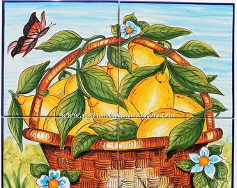 Hand painted Tile Mural for kitchen. Decorative tile handmade . Ceramic wall mural art. Ceramic tiles with beautiful lemons.