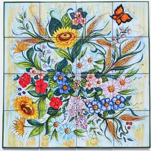 Gourgeous Handpainted Tiles - SunFlowers Daisies Poppies Decoration - Beautiful Flower Basket - Hand Painted Tile - Kitchen Backsplash