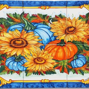 Pumpkin and Sunflower Tile Mural - Handpainted Mosaic - Kitchen Tiles