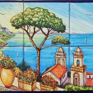 Unique Piece of Decorative Ceramic Backsplash - Artistic Landscape of Ravello Sea in a Beautiful Ancient Manor - Handpainted Wall Panel