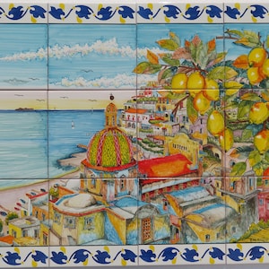 Tile Mural Ceramic Panel with a View of the Positano Coast -  Hand Painted Art Tile - Amalfi Cost Tile Wall Art - Outdoor Wall Tiles