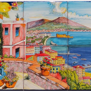 Tile Mural Hand Painted Ceramic Panel of Napoli - Beautiful Landscape - Colorful Wall Art - Tile Mural - Gloss Tiles - Italian Art