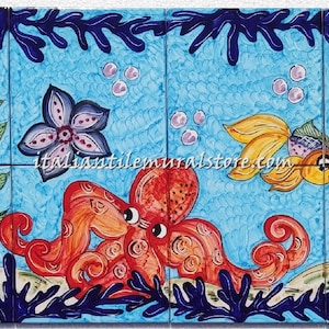 Tropical Fish - Fish Art - Squid and Turtle - Algae among Crab - Aquarium Life  - Coral Reef Frame - Handpainting tiles - Kitchen Backsplash