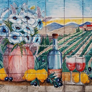 Hand Painted Tile Mural Flower. Traditional Tuscan Landscape & Flowerpot Mosaic Tile Backsplash mosaic Ceramic  Mural Tile handmade and hand