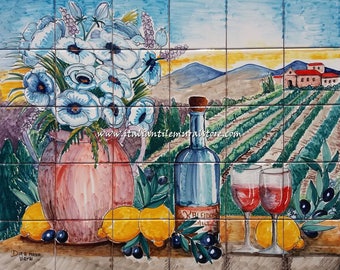 Hand Painted Tile Mural Flower. Traditional Tuscan Landscape & Flowerpot Mosaic Tile Backsplash mosaic Ceramic  Mural Tile handmade and hand