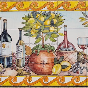 Tile murals Vintage still life wine  artistic wall panel on ceramic tile mural hand painted. Made in Italy
