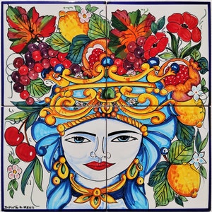 Tile Mural Ceramic Painting Moor’s heads - Hand Painted Italian Ceramic Tiles - Colorful Wall Art - Tile Mural - Gloss Tiles - Italian Art