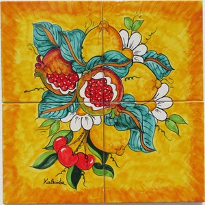 Tile Murals - Yellow Ceramic Panel with Fruit and Flowers - Hand-Painting Tiles - Tiles Made in Italy
