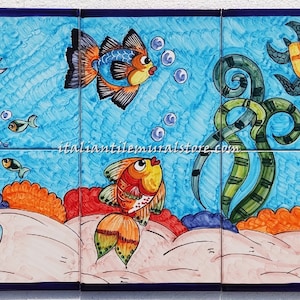 Ceramic Panel - Aquarium Life - Turtle and Colorful Fish - Coral Reef - Antique vase - Handpainting tiles - Kitchen Backsplash - Italian Art