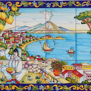 Hand Painted Design - Typical view of Naples - Vesuvio and Pulcinella - The beautiful sea of Naples - Baroque Decorative Lemons