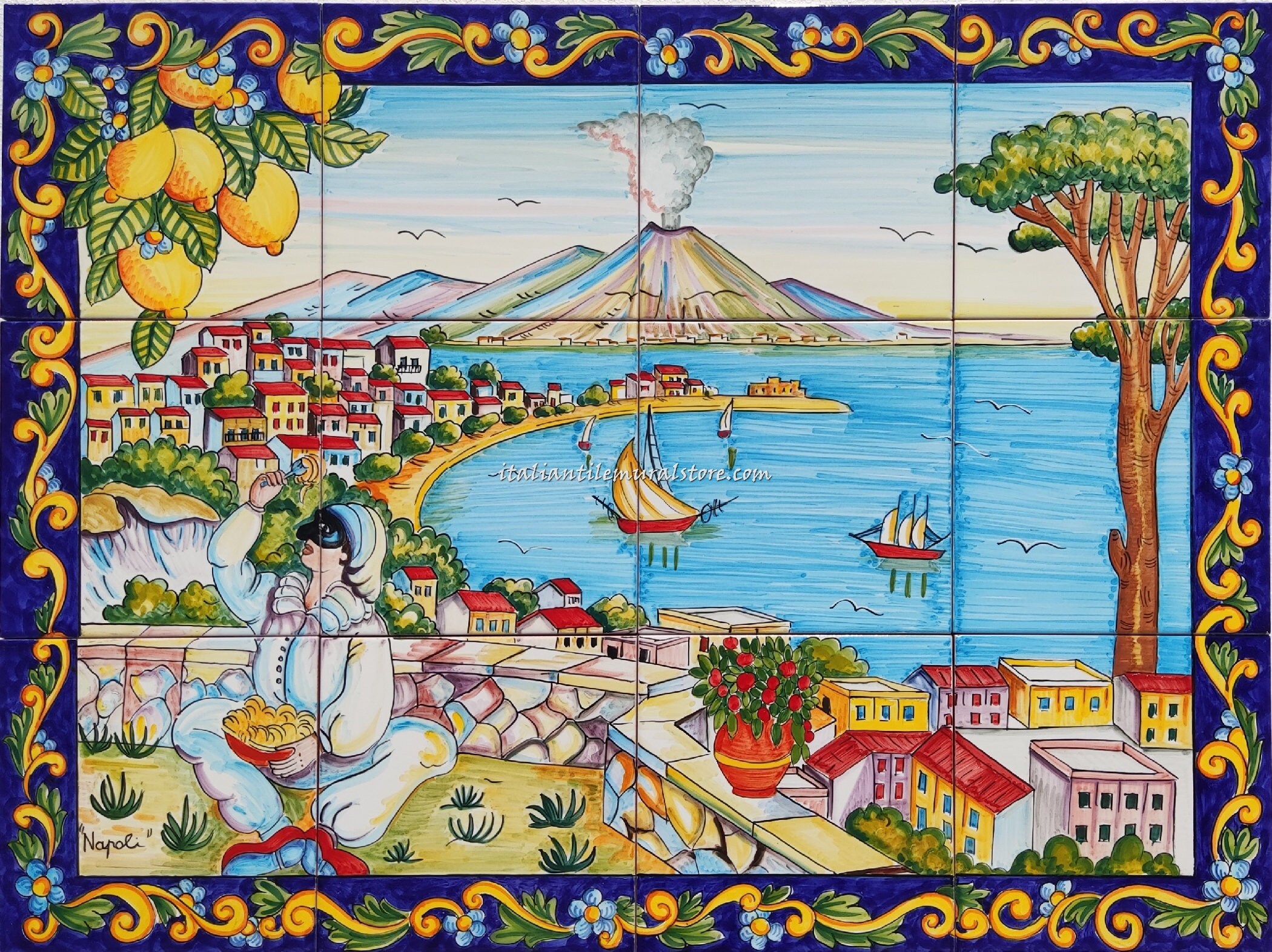 Hand Painted Tile Mural – Naples, Vesuvio & Pulcinella - Etsy