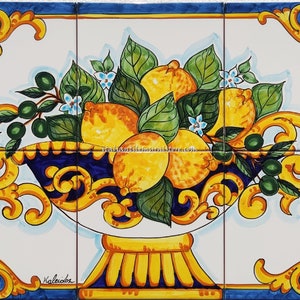 Ceramic Backsplash for Kitchen - Bright Yellow Lemon with Green Olives - Baroque art for a Colorful Backsplash - Handpainted murales