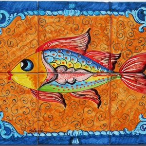 Hand Painted Tile Mural Wall Panel of a Colourful Fish- Hand Painting Tiles - Glossy Tiles - Italian Art - Custom for you