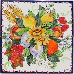 Tile Murals - Colorful Hand-Painting Ceramic Panel - Flowers and Fruit - Tiles Made in Italy