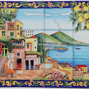 Colorful Ceramic Tile Backsplash - Beautiful Landscape of Naples - Baroque Frame with Lemons and Flowers - Hand Painted Tile Mural