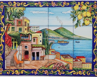 Hand Painted Naples Ceramic Tile Mural – Lemons and Flowers, Baroque Frame