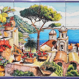 Decorative Tiles - Ravello Coast Seen from Above - Amalfi Landscape - Lemon Decoration  Hand Painted Tiles - murals Art - Italian Backsplash