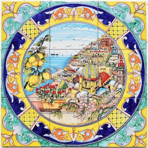 Ceramic Panel - Gorgeous Painting of Positano among the Flowers - Round frame - Hand Painted Tile - Amalfi Coast Tile Wall Art - Italian Art