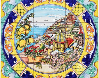 Hand Painted Ceramic Tile Panel – Positano Italian Art, Round Frame
