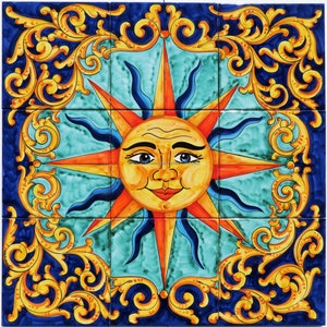 Tile Mural Baroque Sun - Hand Painting tiles - Ceramic Panel - Glossy Tiles - Custom for You