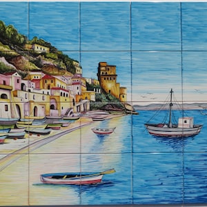 Tiles Hand painted beautiful of Amalfi - Decorative tile art - Design from Italy, Art Tiles, Italian Art, Coastal Decor, Landscape Painting