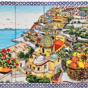 Wall murals Art - Positano by the sea - Decorated with Lemons, Oranges and Sunflowers - Border with Geometric Patterns - Hand Painted Tiles
