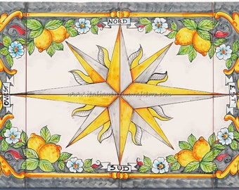 Hand-Painted Ceramic Tile Mural - Baroque Lemon & Wind Rose